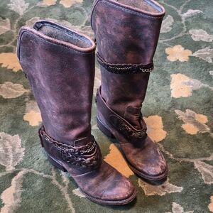 freebird Distressed Brown Leather Mid-Calf Boots with Braided Chain Detail